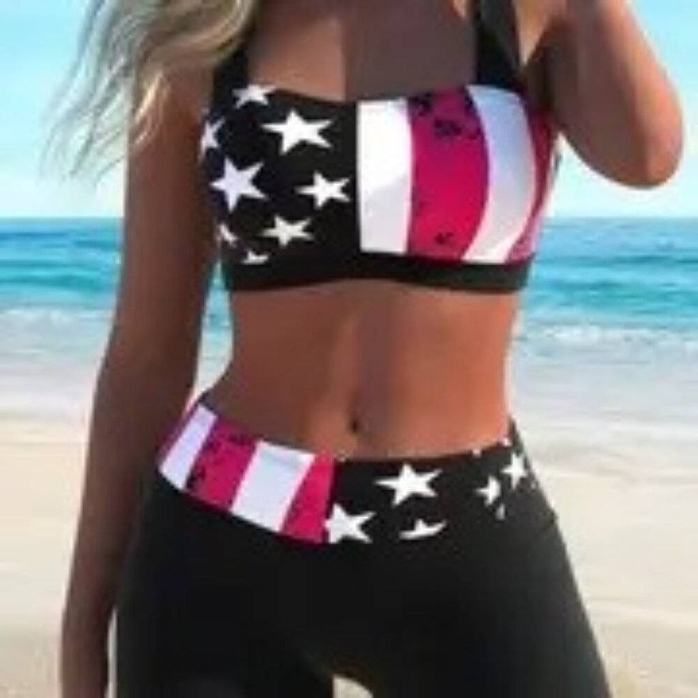 NEW 4th of July Flag Print Criss Cross 2 Piece Bikini Set with Boxer Shorts LG